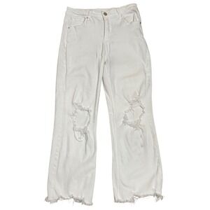 Women's Risen Jeans Wide Leg 7/28‎ White Distressed stretch High Rise Raw Hem